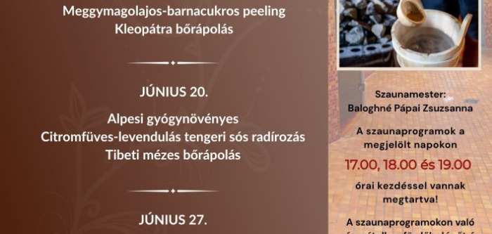 2026. júniusi bőrápoló szaunaprogramok